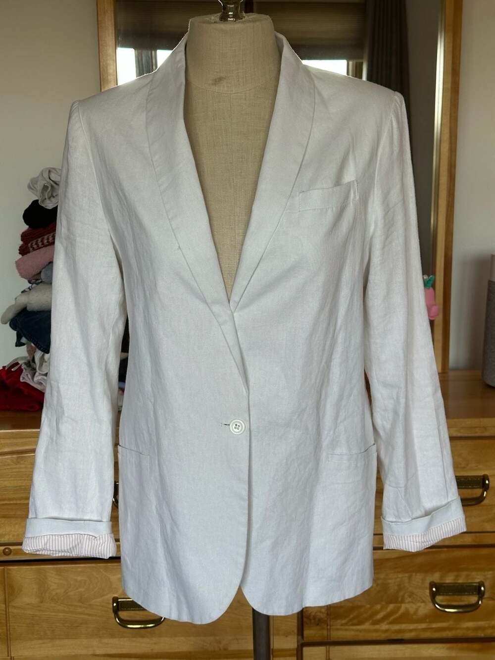 Larry Levine White Linen Blazer Jacket Size 14 Striped Cuffs